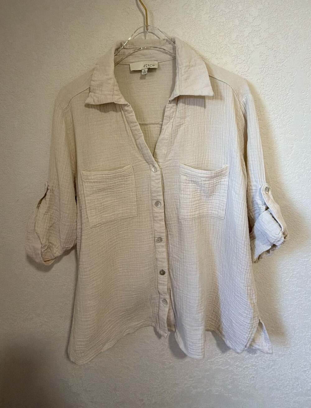 PINCH Gauze Button Down Shirt Size L Beige Cotton